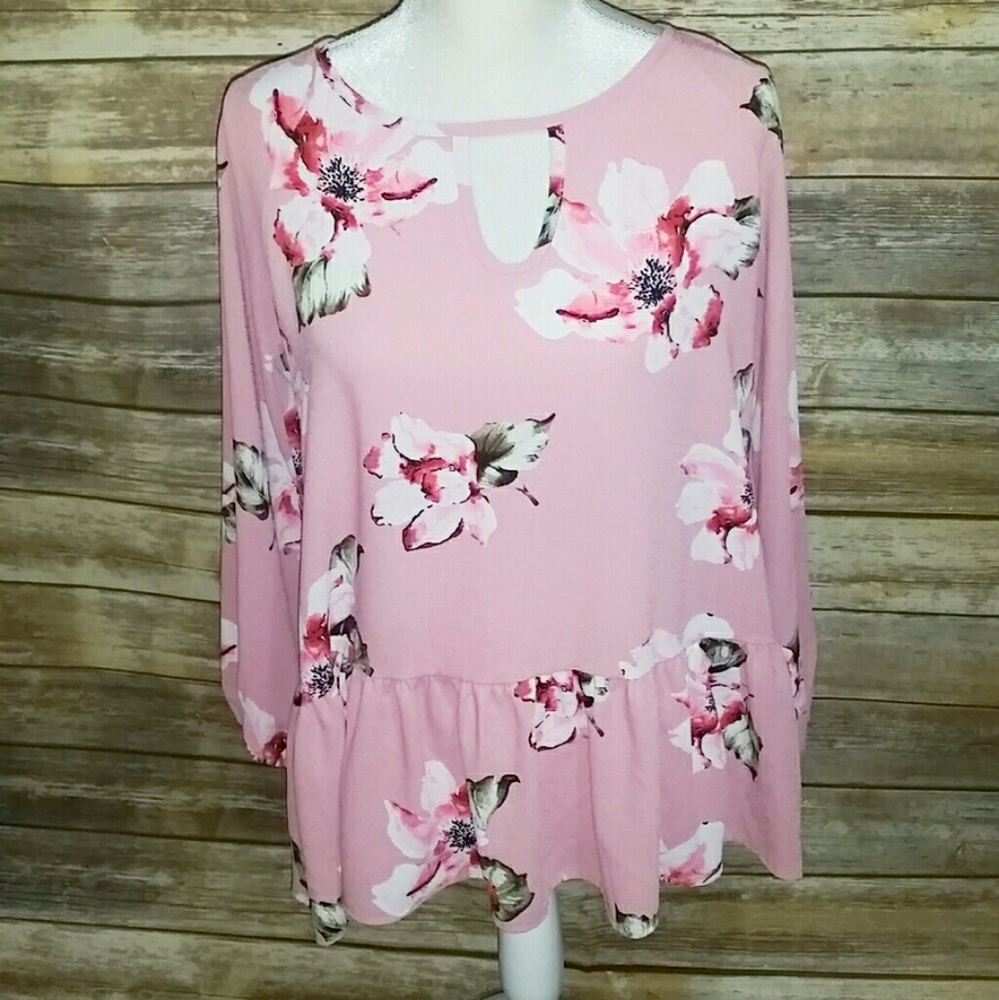 Trendy Pink Floral Tunic Top Shirt Ruffled Cute